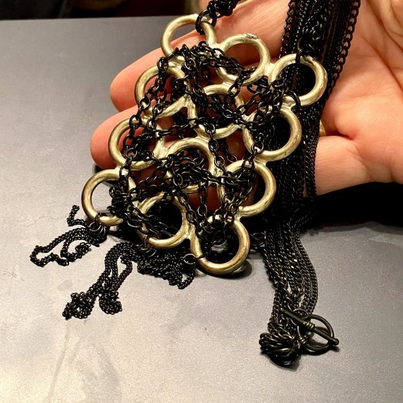 4 for $20 Sale Unique Black Chain Wrapped Silver Tone Hoop Artisan Pendant - Picture 5 of 6